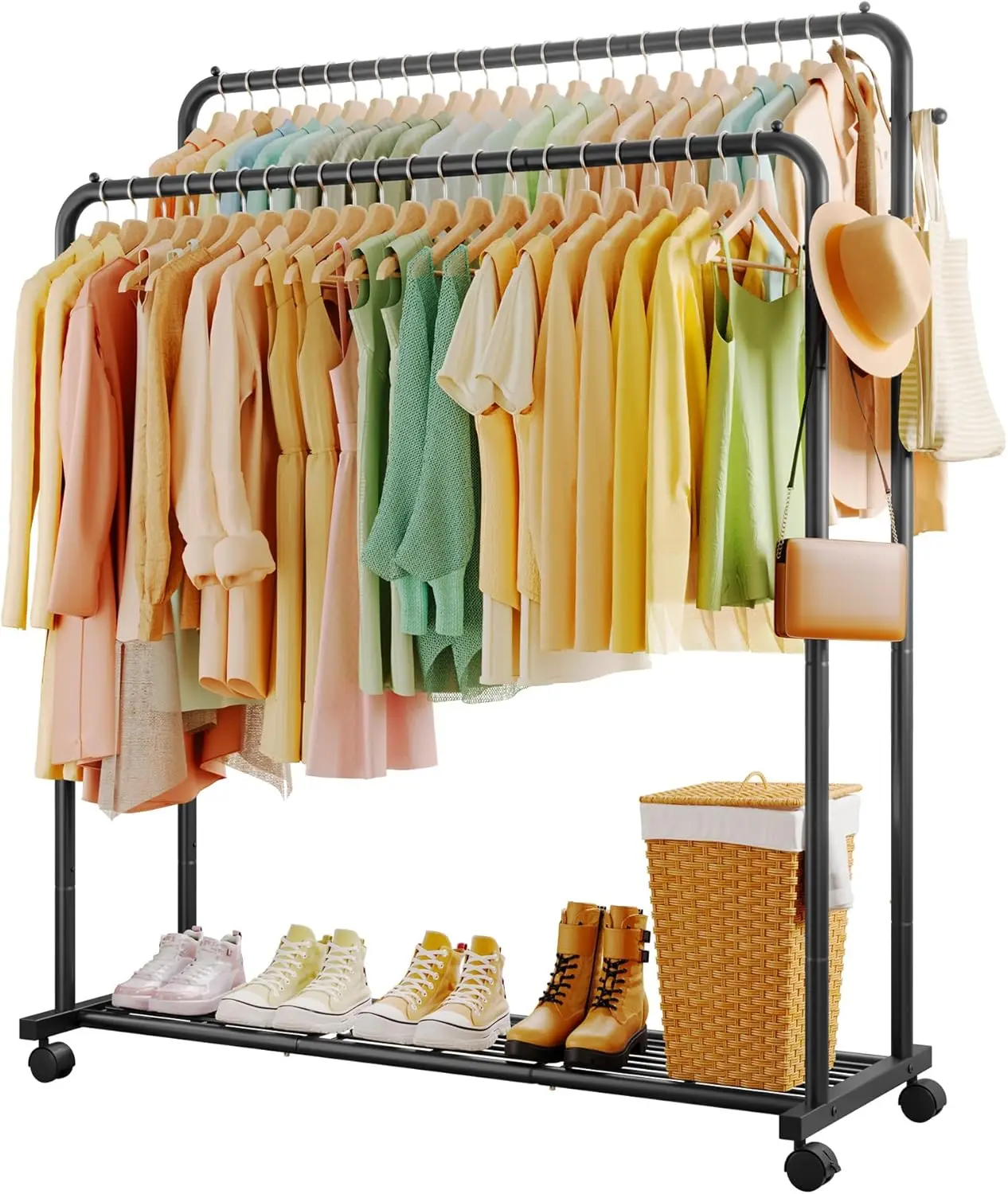 Double Rod Clothing Rack with Mesh Shelf, Hooks & Wheels, Heavy Duty Garment Rack for Hanging Clothes and Bags, Black, 47.2" x
Double Rod Clothing Rack with Mesh Shelf, Hooks & Wheels, Heavy Duty Garment Rack for Hanging Clothes and Bags, Black, 47.2" x