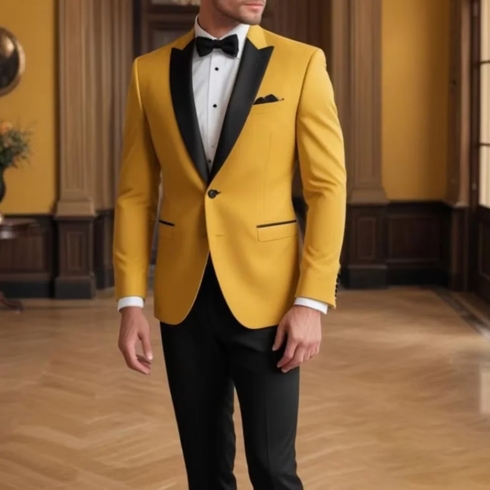 Fashion Men Suits Blazer Luxury Yellow Blazer with Black Pants Sets Customized One Button Shawl Lapel 2 Piece Clothing
Fashion Men Suits Blazer Luxury Yellow Blazer with Black Pants Sets Customized One Button Shawl Lapel 2 Piece Clothing