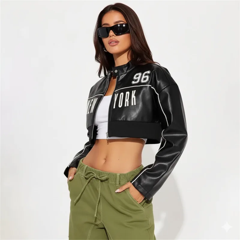 Womens PU Leather Crop Jacket With Zip Front Contrast Piping Bold Letter Detail Cool Streetwear Outerwear For Spring Fashion Fit
Womens PU Leather Crop Jacket With Zip Front Contrast Piping Bold Letter Detail Cool Streetwear Outerwear For Spring Fashion Fit