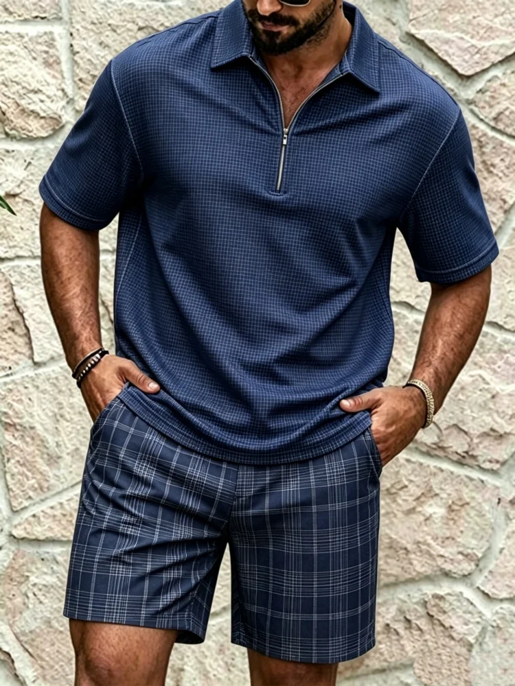 Men's Half-Zip Short Sleeve Shirt & Shorts Set, Loose Comfort Navy Grid & Plaid Print Casual Summer Outfit
Men's Half-Zip Short Sleeve Shirt & Shorts Set, Loose Comfort Navy Grid & Plaid Print Casual Summer Outfit