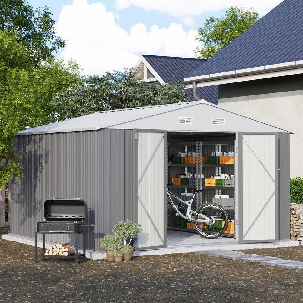 10' x 10' Outdoor Metal Storage Shed - Grey, Lockable Door, Utility and Tool Storage for Garden, Backyard, Patio
10' x 10' Outdoor Metal Storage Shed - Grey, Lockable Door, Utility and Tool Storage for Garden, Backyard, Patio