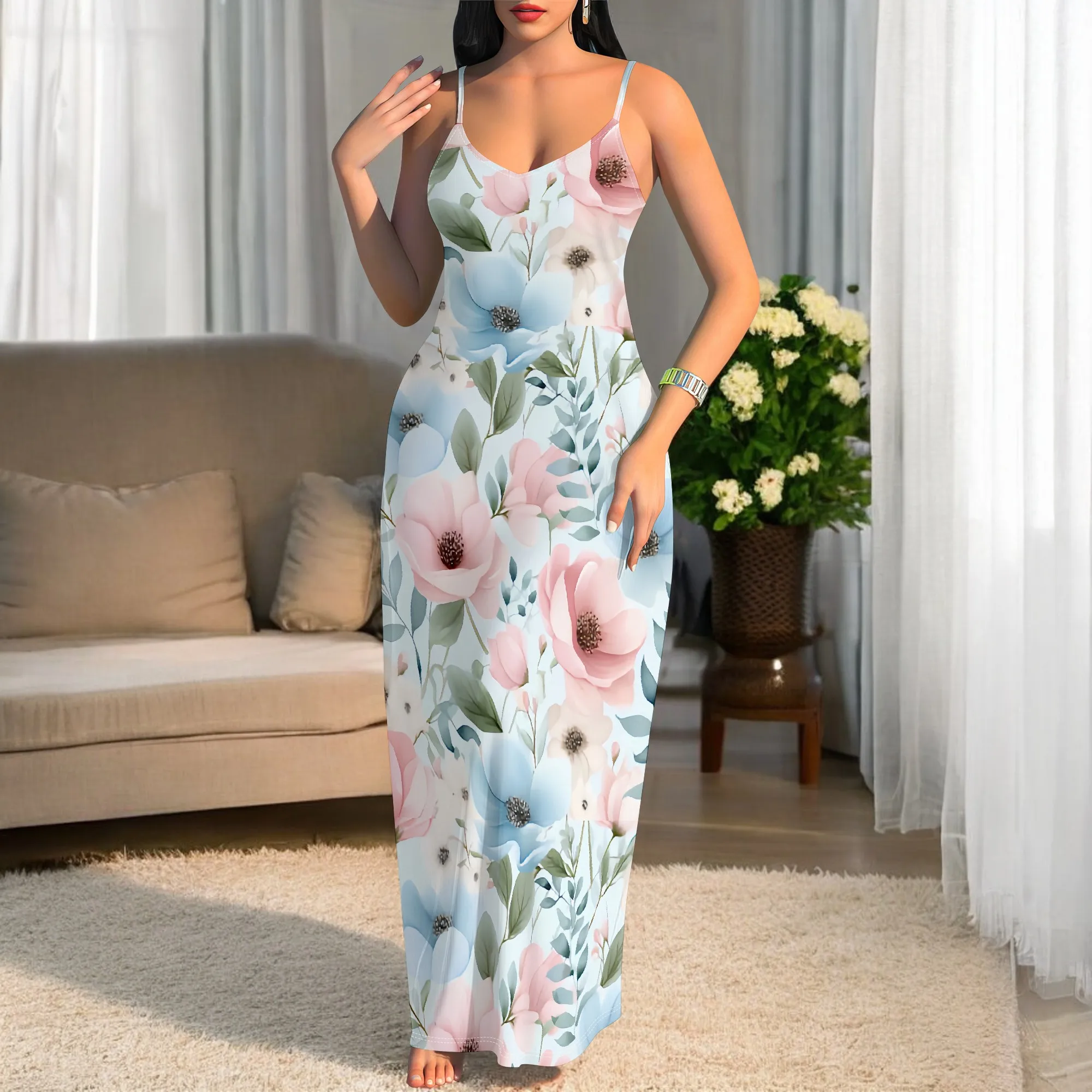 Women's Spaghetti Strap Fashion Watercolor Floral Pattern Maxi Dresses Sexy Ribbed Bodycon Sleeveless Dresses V Neck Long Dress
Women's Spaghetti Strap Fashion Watercolor Floral Pattern Maxi Dresses Sexy Ribbed Bodycon Sleeveless Dresses V Neck Long Dress