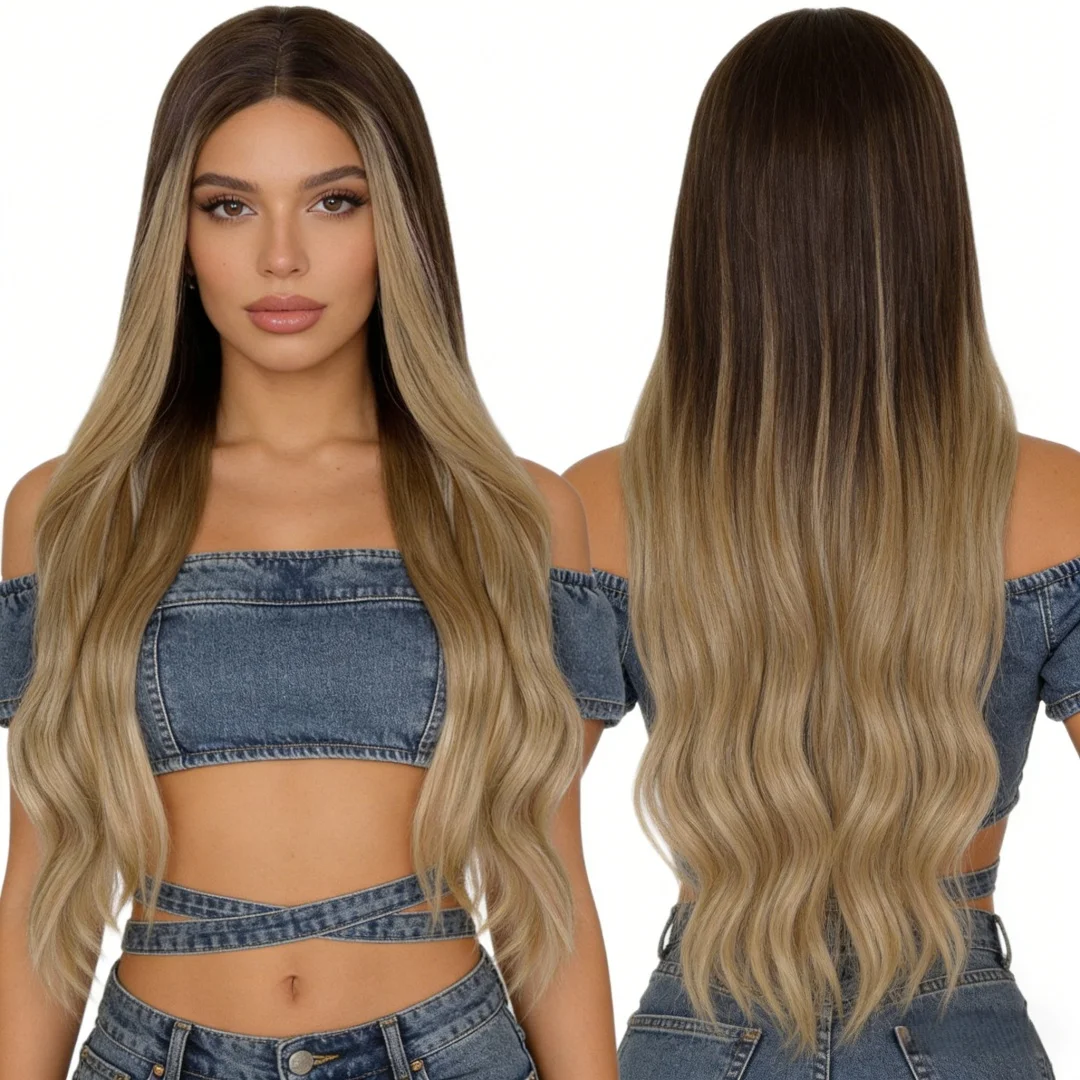 Synthetic fiber wig long wavy dark root wig with bangs, suitable for girls with black to blonde hair wig synthetic wig, suitable
Synthetic fiber wig long wavy dark root wig with bangs, suitable for girls with black to blonde hair wig synthetic wig, suitable