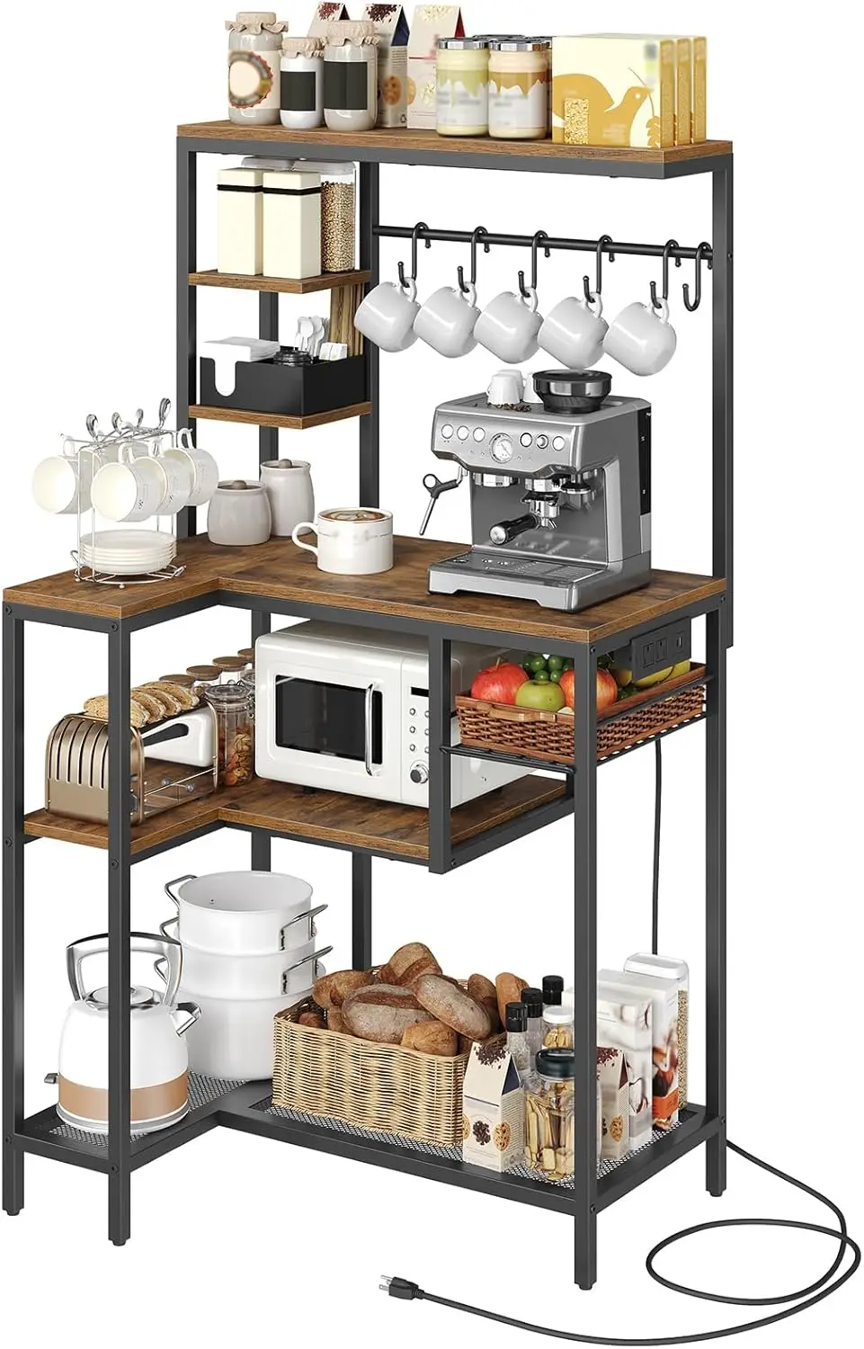 Bakers Rack, Microwave Stand with Power Outlet, Large Coffee Bar with Wire Basket and 6 Hooks, Kitchen Storage Rack, Ver
Bakers Rack, Microwave Stand with Power Outlet, Large Coffee Bar with Wire Basket and 6 Hooks, Kitchen Storage Rack, Ver