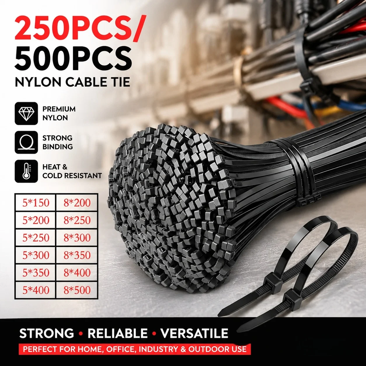 Heavy Duty Self-Locking Nylon Cable Ties 5x200 5x500mm Black, Weatherproof Zip Ties for Electrical Industrial Home Use,Bulk Pack
Heavy Duty Self-Locking Nylon Cable Ties 5x200 5x500mm Black, Weatherproof Zip Ties for Electrical Industrial Home Use,Bulk Pack