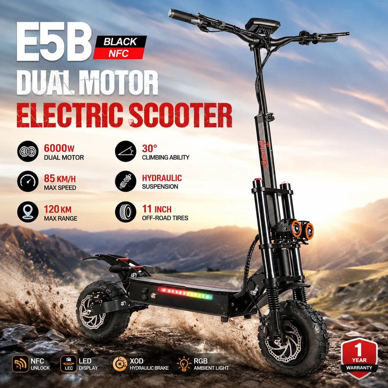 E5B High Power Electric Scooter 6000W Dual Motor 60V 35Ah Battery 80KM/H Speed Dual Shock Absorption Hydraulic Brakes
E5B High Power Electric Scooter 6000W Dual Motor 60V 35Ah Battery 80KM/H Speed Dual Shock Absorption Hydraulic Brakes