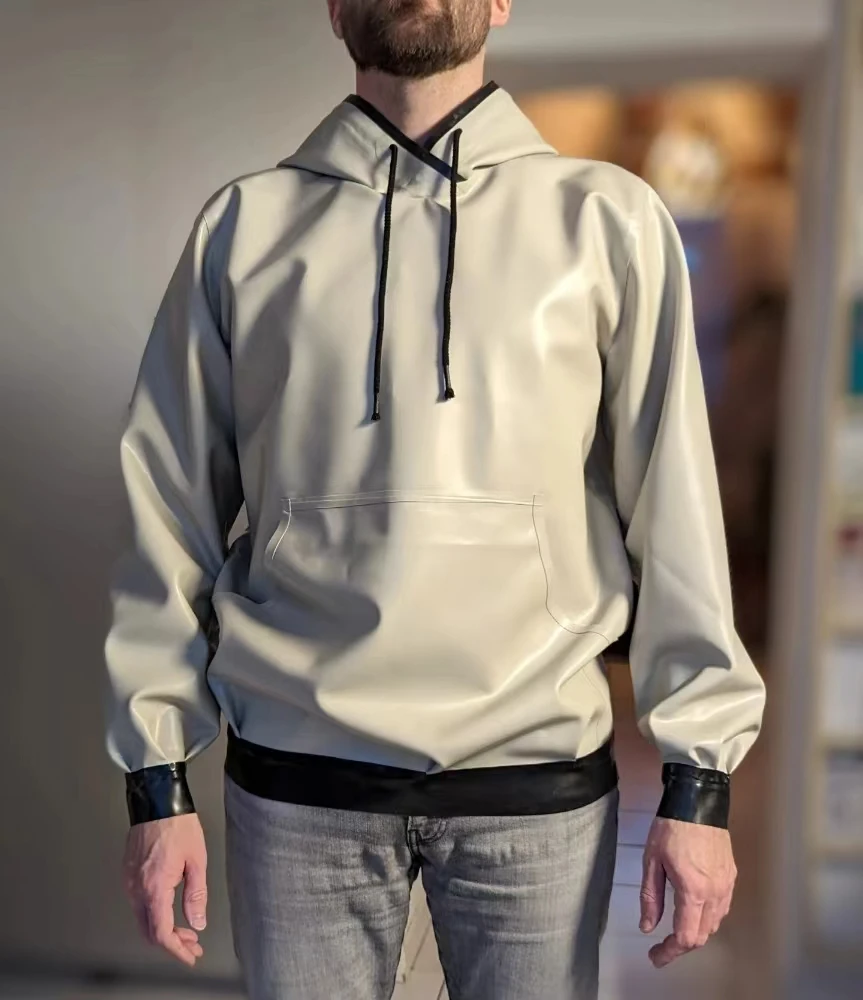 Natural Latex Long Sleeve Hooded top With Black Edge Men‘ s Jacket Male Coat Customization 0.4mm Handmade 100% Latex Rubber Top
Natural Latex Long Sleeve Hooded top With Black Edge Men‘ s Jacket Male Coat Customization 0.4mm Handmade 100% Latex Rubber Top