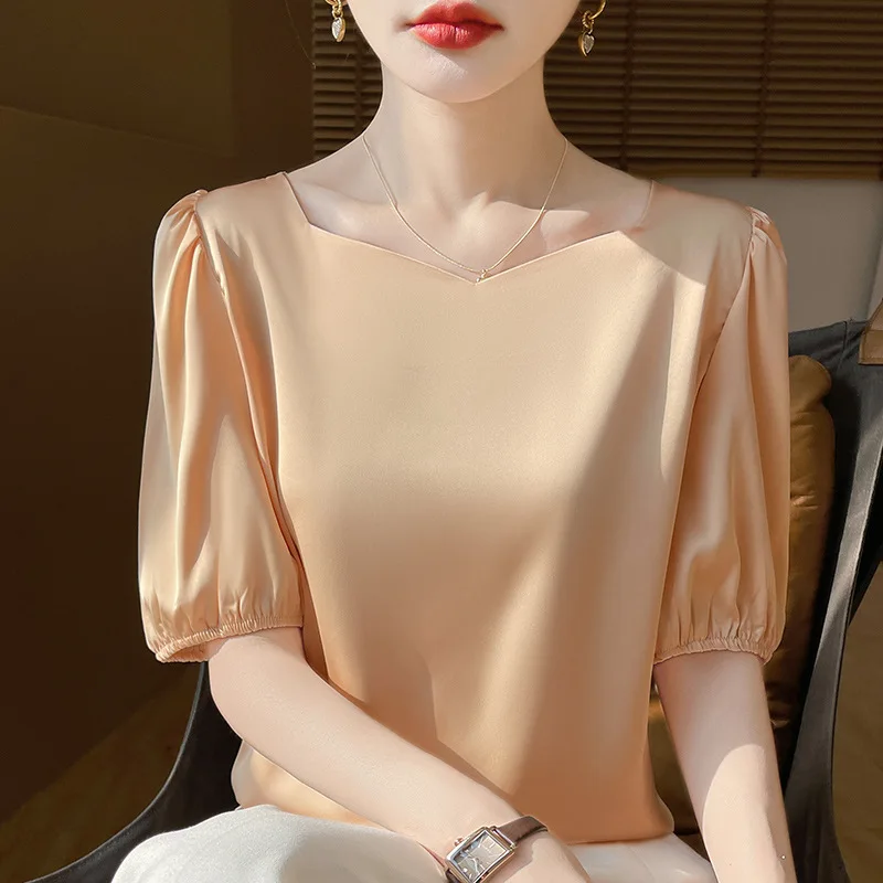 summer Satin Tees Solid Color Women's Top Artificial Silk Acetate T-shirt Loose Thin Shirts Half Sleeve Diamond Collar Blouses
summer Satin Tees Solid Color Women's Top Artificial Silk Acetate T-shirt Loose Thin Shirts Half Sleeve Diamond Collar Blouses
