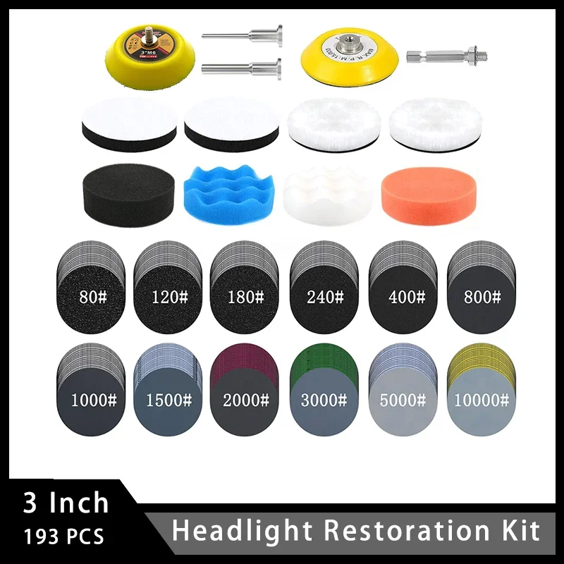3 Inch Headlight Restoration Kit 193Pcs Assorted 80 to 10000 Grit Polishing Kit Hook and Loop for Polishing Metal Wood Auto
3 Inch Headlight Restoration Kit 193Pcs Assorted 80 to 10000 Grit Polishing Kit Hook and Loop for Polishing Metal Wood Auto