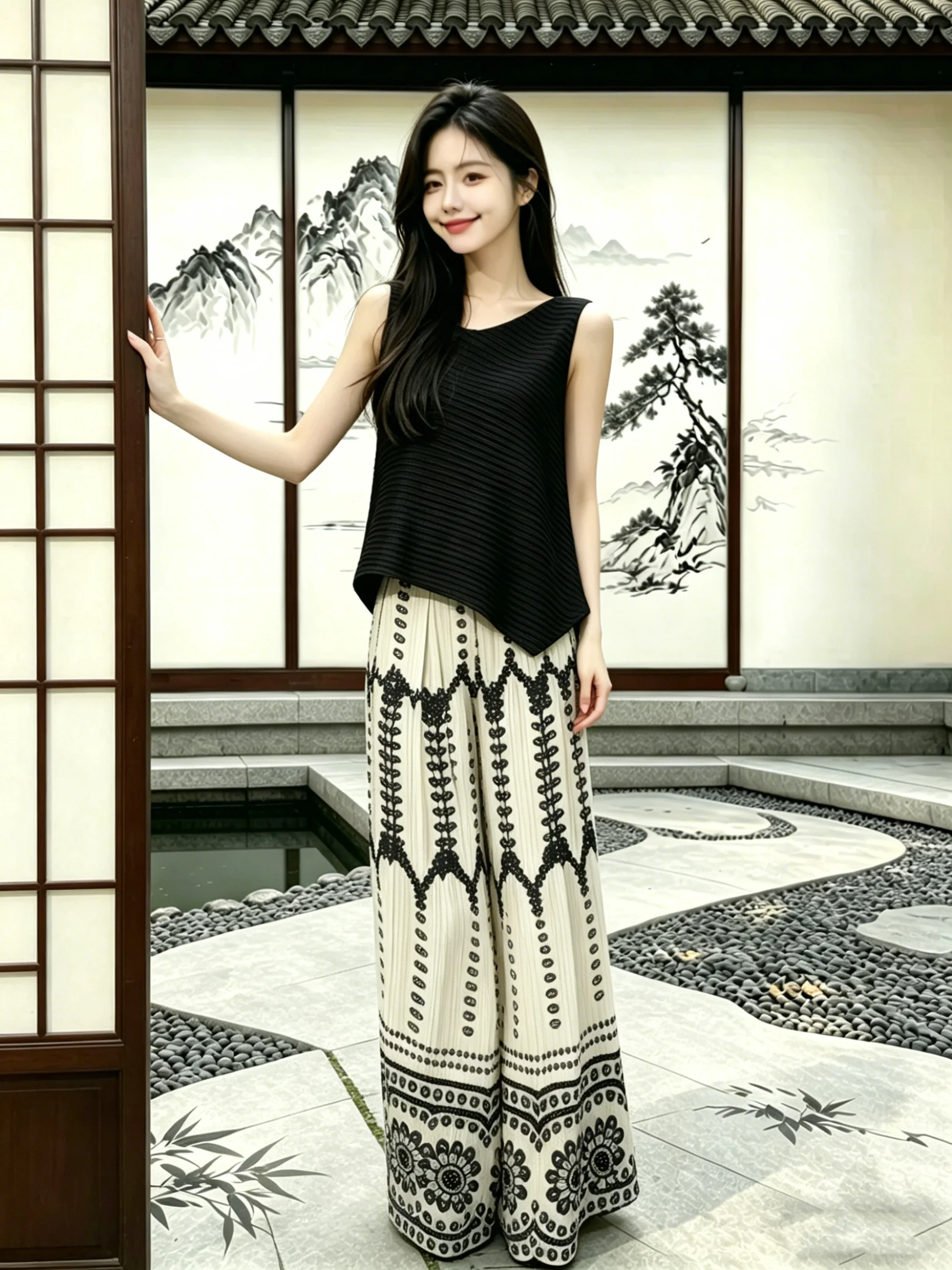 Black Asymmetrical Sleeveless Vintage Wide Leg Pants Set Women's Fashion Summer Breathable Polyester round Neck Two-Piece Suit
Black Asymmetrical Sleeveless Vintage Wide Leg Pants Set Women's Fashion Summer Breathable Polyester round Neck Two-Piece Suit