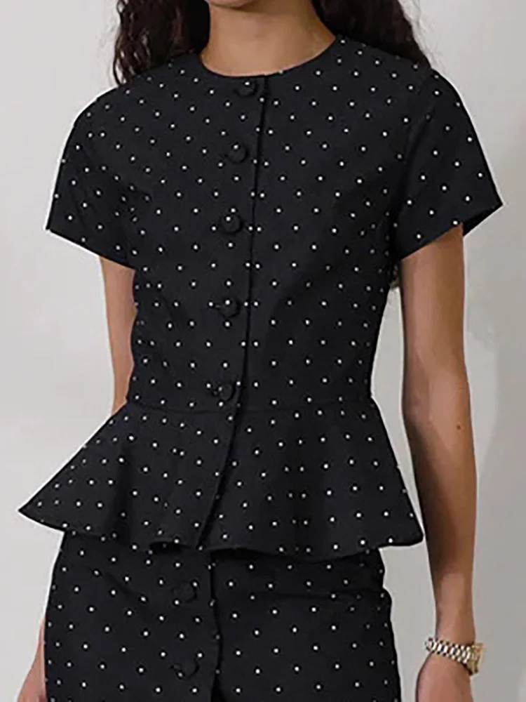 Commute Lady Elegant Slim Bodycon Outfit Spring O Neck Button Hem Top & Slim Hip Skirts Set Summer Short Sleeve Dots Women Suits 
Commute Lady Elegant Slim Bodycon Outfit Spring O Neck Button Hem Top & Slim Hip Skirts Set Summer Short Sleeve Dots Women Suits