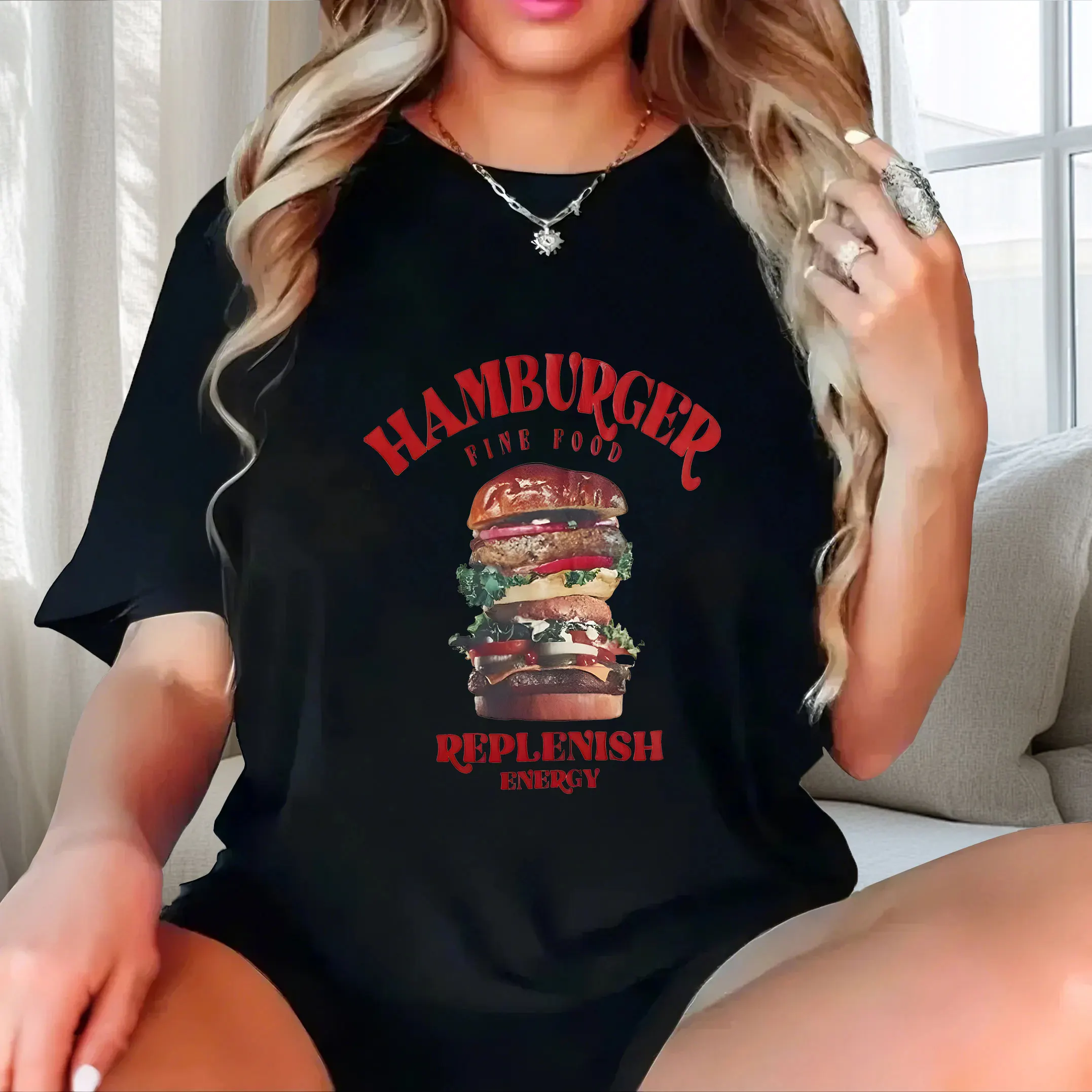 English+Burger print essential for lazy people plus size Ladies' casual short sleeved T-shirt black
English+Burger print essential for lazy people plus size Ladies' casual short sleeved T-shirt black