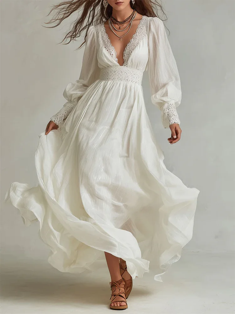 Women's Lace Embroidery Boho Maxi Dress White V-Neck Patchwork Long Sleeve Flowy A-Line Elegant Casual Beach Party Summer Dress
Women's Lace Embroidery Boho Maxi Dress White V-Neck Patchwork Long Sleeve Flowy A-Line Elegant Casual Beach Party Summer Dress