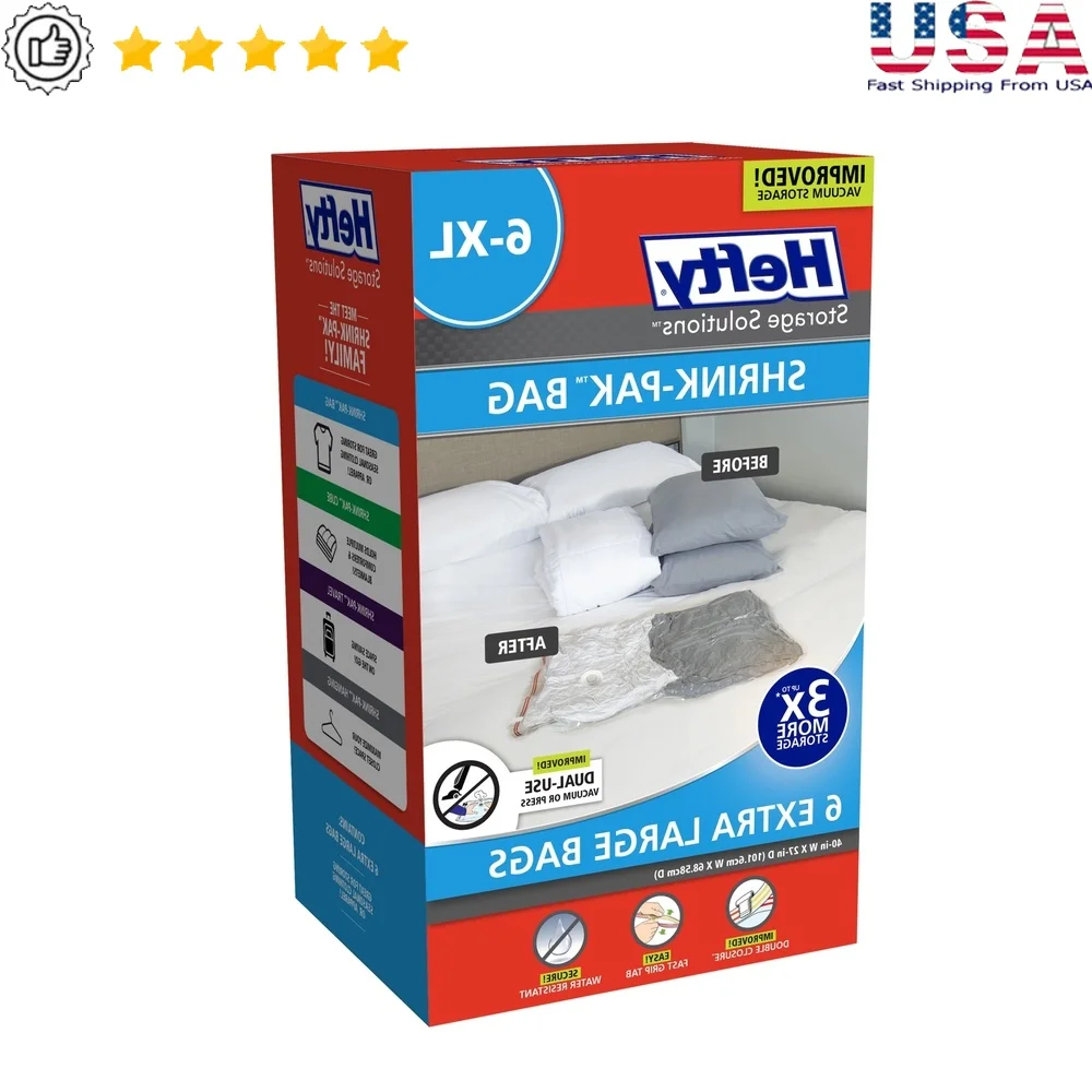 Extra Large Vacuum Compression Storage Bags Set of 6 Closet Organizers Dual-Use Valve Water Resistant Reusable Fast-G Tab
Extra Large Vacuum Compression Storage Bags Set of 6 Closet Organizers Dual-Use Valve Water Resistant Reusable Fast-G Tab