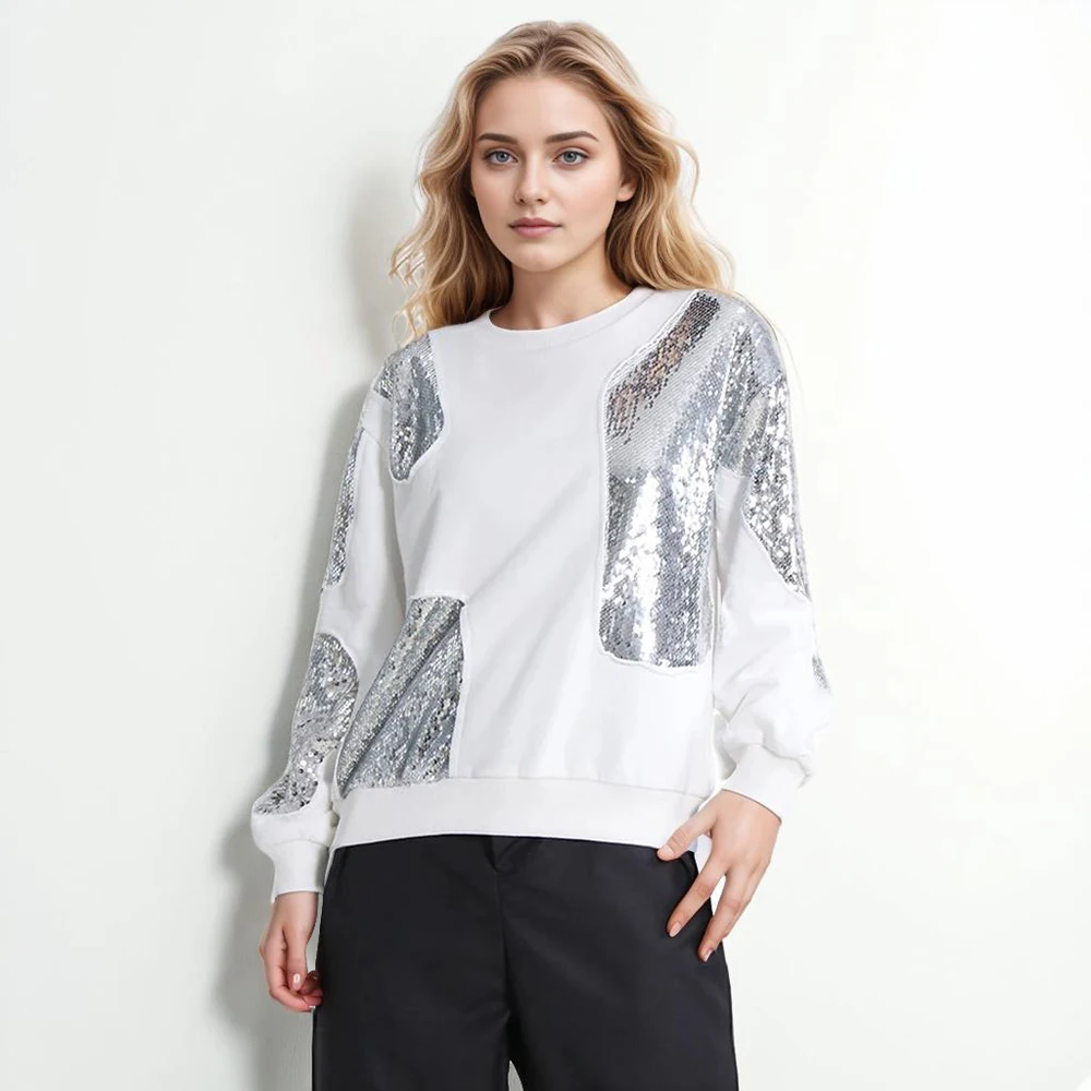 Casual Solid Patchwork Sequins Sweatshirts For Women Round Neck Long Sleeve Minimalist Loose Sweatshirt Female Fashion Style
Casual Solid Patchwork Sequins Sweatshirts For Women Round Neck Long Sleeve Minimalist Loose Sweatshirt Female Fashion Style