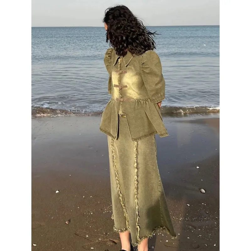 Women's Denim 2Pcs Set Frog-button Top + Maxi Skirt New Chinese Style Summer Outfit
Women's Denim 2Pcs Set Frog-button Top + Maxi Skirt New Chinese Style Summer Outfit
