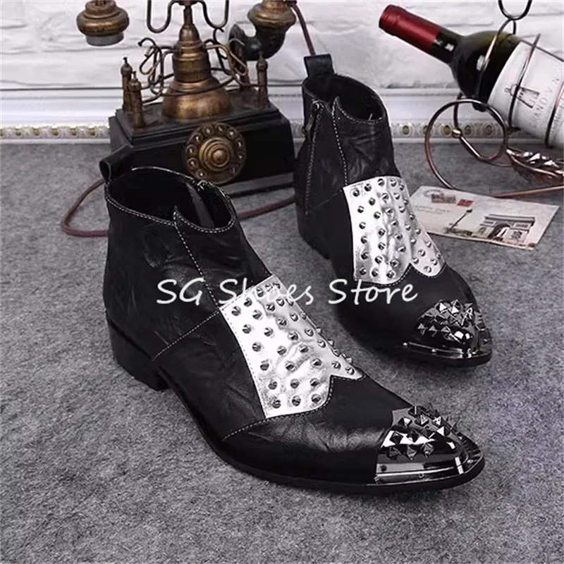 Fashion Mixed Color Patchwork Leather Ankle Boots for Men Punk Rivet Metal Pointed Toe Chunky Heel Chelsea Boots Male Shoes
Fashion Mixed Color Patchwork Leather Ankle Boots for Men Punk Rivet Metal Pointed Toe Chunky Heel Chelsea Boots Male Shoes