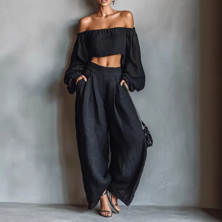 Elastic Waist Harem Pants Loungewear Sets Women's Two-piece Long-sleeved One-shoulder Top Wide-leg Pants Fashion Ladies Suits
Elastic Waist Harem Pants Loungewear Sets Women's Two-piece Long-sleeved One-shoulder Top Wide-leg Pants Fashion Ladies Suits