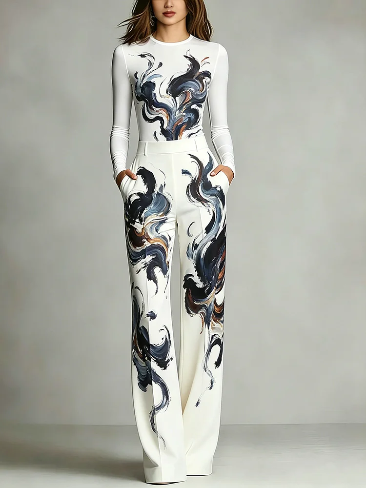 Women's Abstract Ink Brush Swirl Print Two Piece Set Long Sleeve Top Wide Leg Pants Artistic Fashion Street Outfit For Women
Women's Abstract Ink Brush Swirl Print Two Piece Set Long Sleeve Top Wide Leg Pants Artistic Fashion Street Outfit For Women