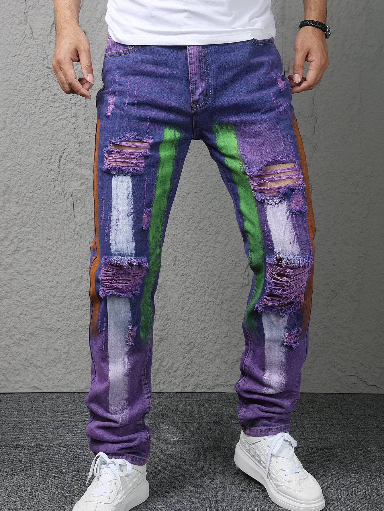 European And American Style Men's Purple Jeans with Hole Painted Pants High-End Slim Fit Non-Stretch Small Foot Men's Denim Jean
European And American Style Men's Purple Jeans with Hole Painted Pants High-End Slim Fit Non-Stretch Small Foot Men's Denim Jean