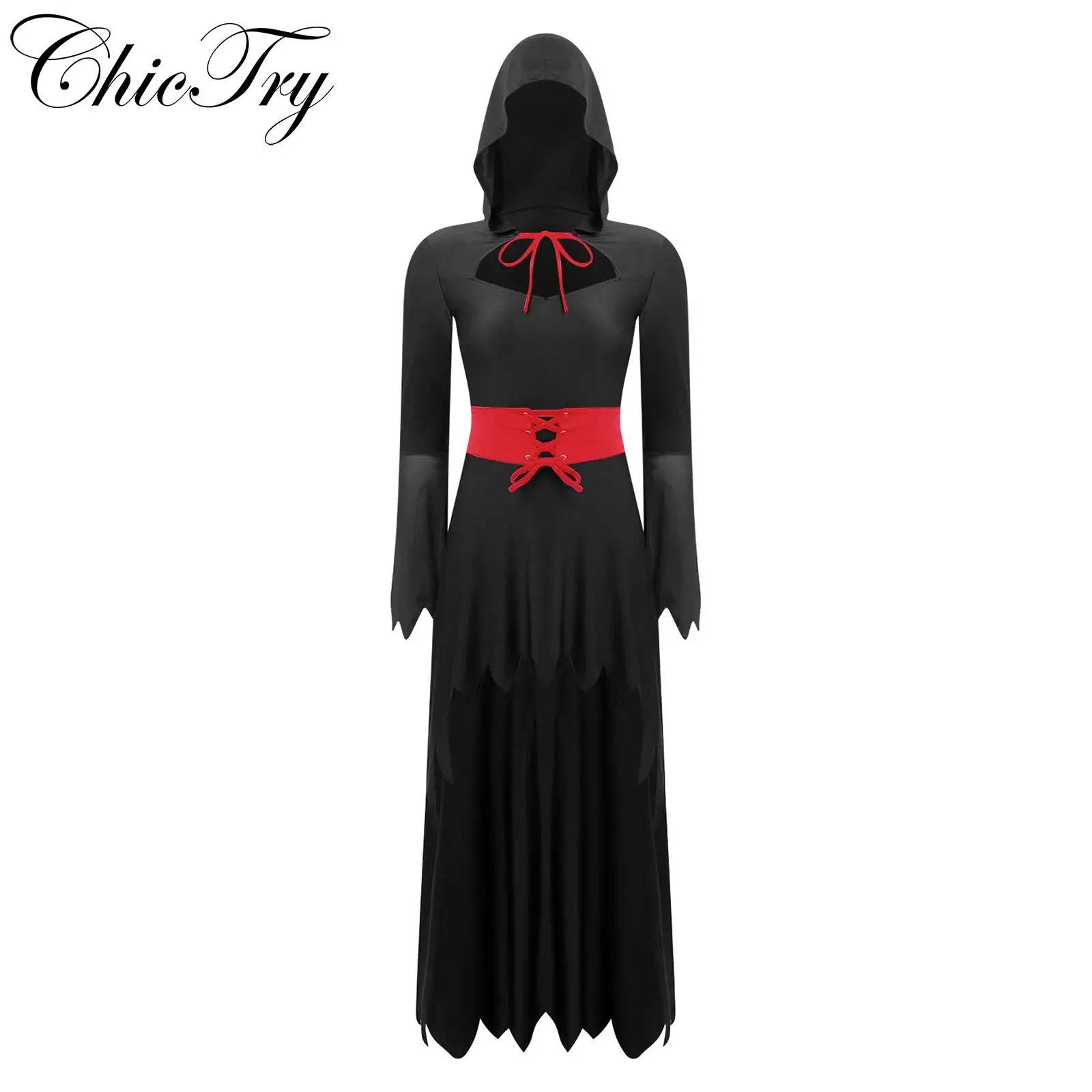 Womens Devil Costume Halloween Cosplay Party Dress with Belt Flared Jagged Trims High-low Hem Hooded Carnival Roleplay Dress Up
Womens Devil Costume Halloween Cosplay Party Dress with Belt Flared Jagged Trims High-low Hem Hooded Carnival Roleplay Dress Up