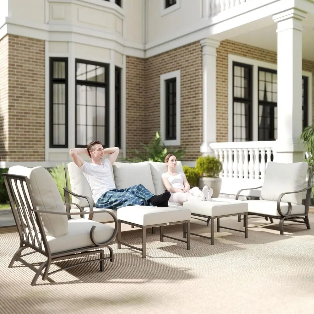 5-Piece Outdoor Patio Furniture Set: 2 Rocking Chairs, 3-Seat Sofa, 2 Ottomans, Ideal for Garden, Lawn, Deck, Backyard - Beige
5-Piece Outdoor Patio Furniture Set: 2 Rocking Chairs, 3-Seat Sofa, 2 Ottomans, Ideal for Garden, Lawn, Deck, Backyard - Beige