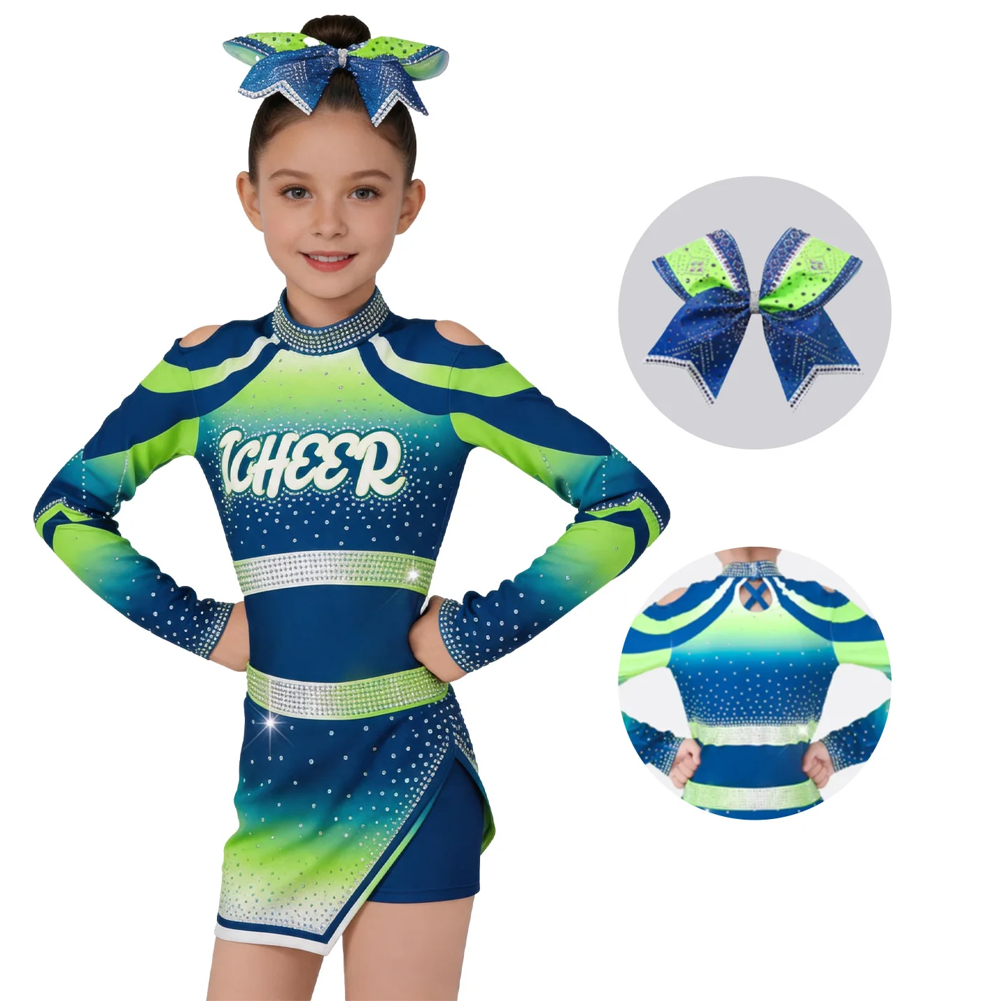 Girls Blue Green Ombre Cheerleading Uniform with Sparkling Rhinestones Cold Shoulder Long Sleeve Top Skirt Bow Kids Competition
Girls Blue Green Ombre Cheerleading Uniform with Sparkling Rhinestones Cold Shoulder Long Sleeve Top Skirt Bow Kids Competition