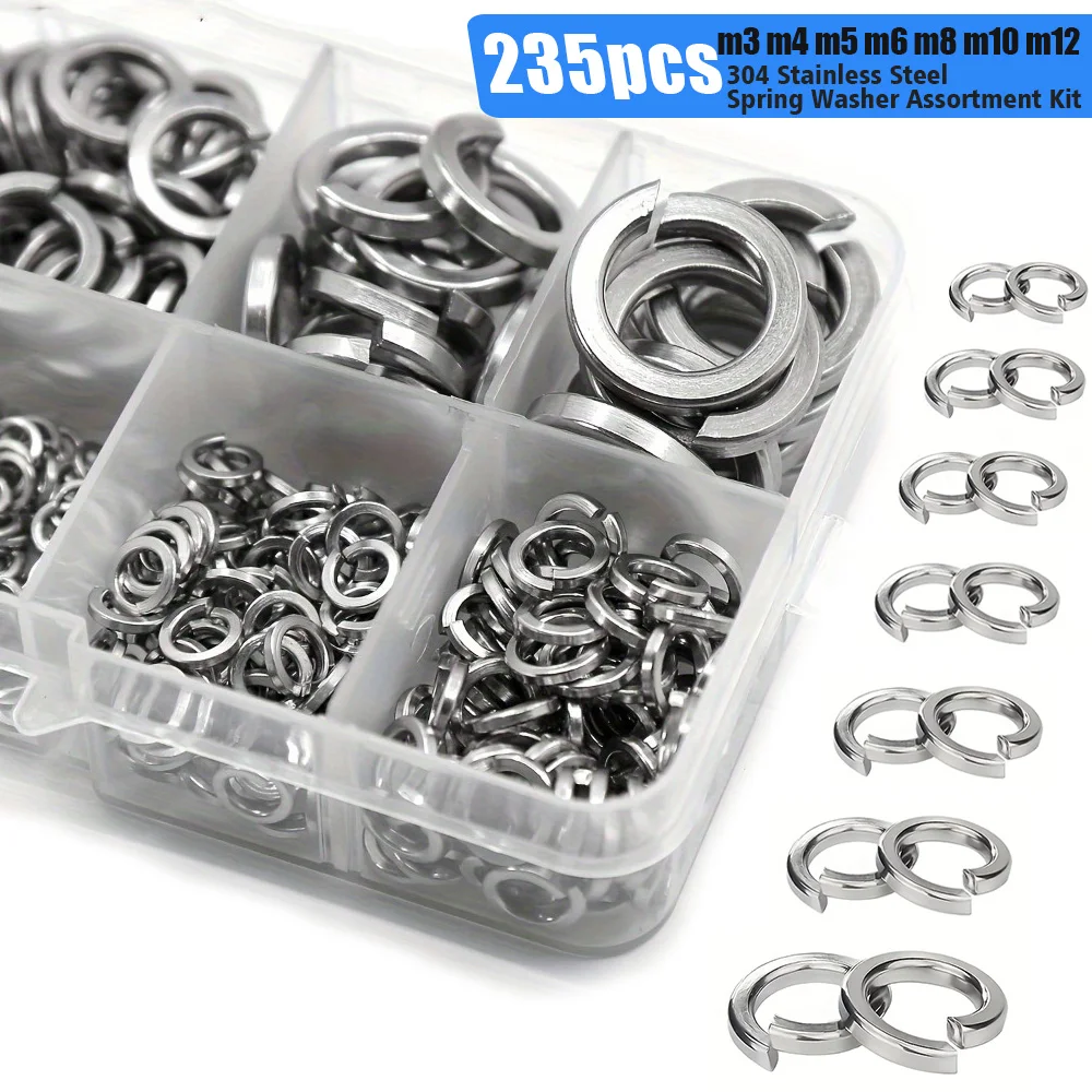 235-piece stainless steel spring washer set, M3 M4 M5 M6 M8 M10 M12, suitable for bolts and screws, enhancing screw tightening.
235-piece stainless steel spring washer set, M3 M4 M5 M6 M8 M10 M12, suitable for bolts and screws, enhancing screw tightening.