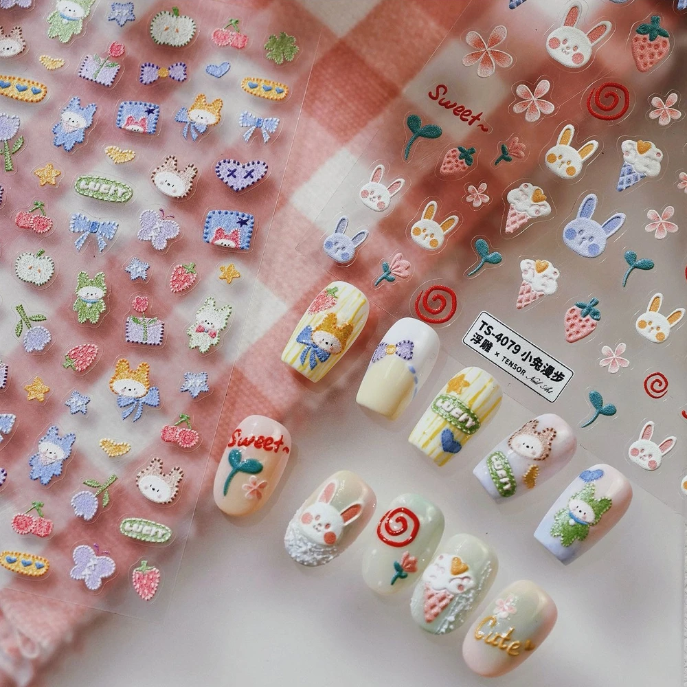 Lovely Cartoon Rabbit Bowknot Strawberry Ice Cream Flowers 5D Reliefs Self Adhesive Nail Art Stickers Cute Bunny Manicure Decals
Lovely Cartoon Rabbit Bowknot Strawberry Ice Cream Flowers 5D Reliefs Self Adhesive Nail Art Stickers Cute Bunny Manicure Decals
