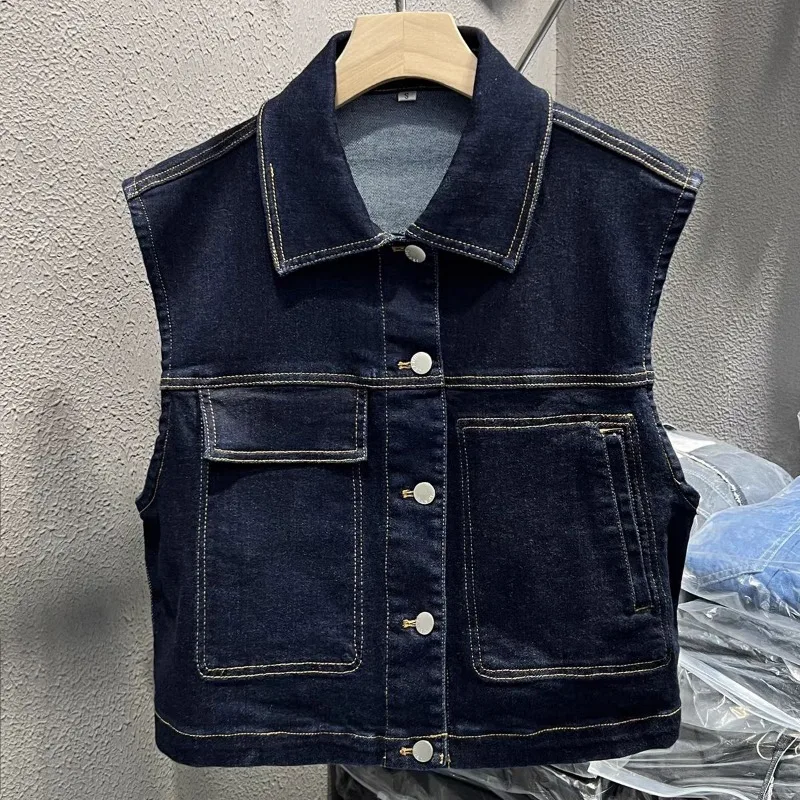 Fashion Women Denim Vest Vintage Navy Blue Turn Down Collar Sleeveless Jacket Spring Autumn Female Single Breasted Waistcoat
Fashion Women Denim Vest Vintage Navy Blue Turn Down Collar Sleeveless Jacket Spring Autumn Female Single Breasted Waistcoat