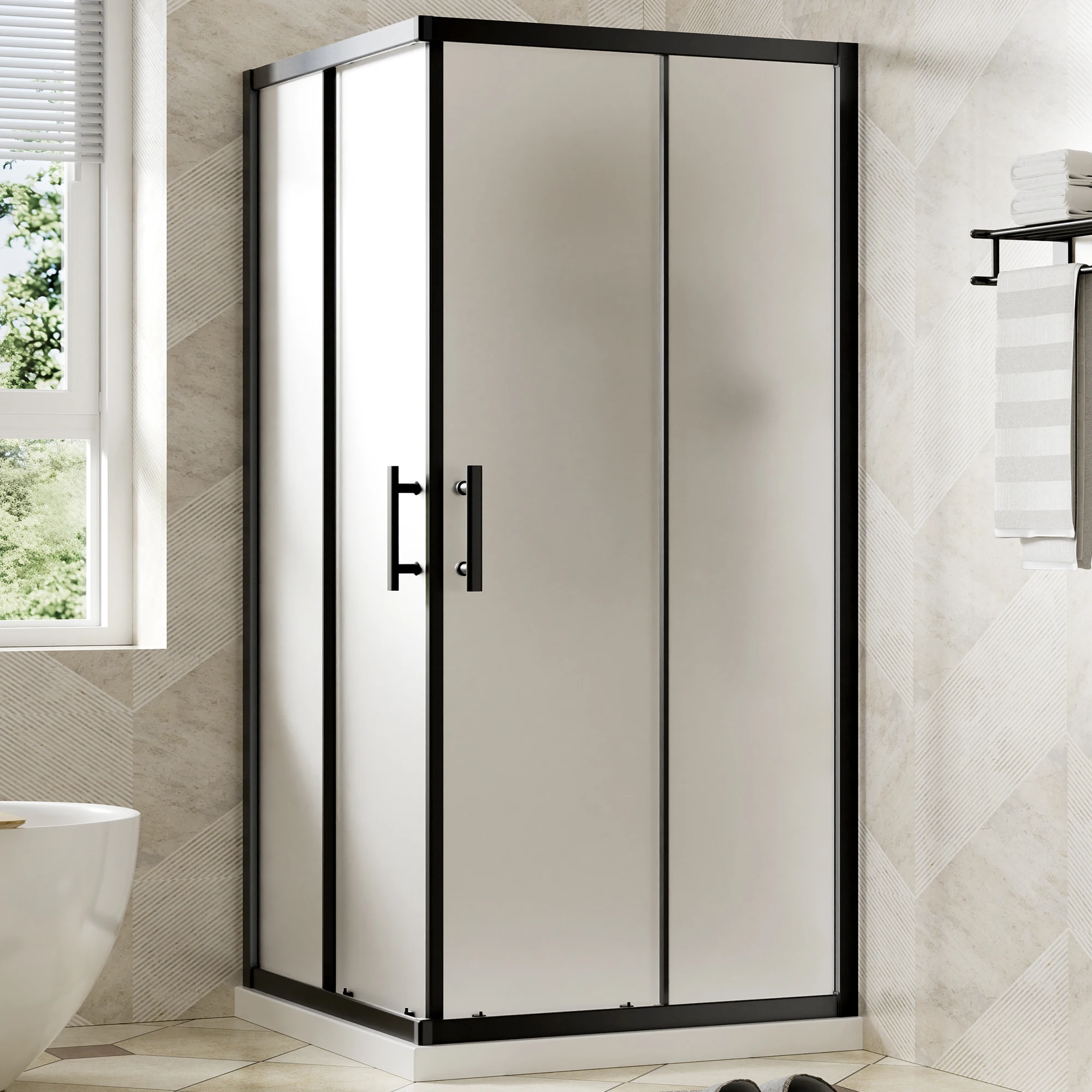 36" W x 72" H Matte Black Frosted Glass Sliding Shower Door, 1/4" (6mm) SGCC Tempered Glass with Nano Coating & Anti-Explosion Film, Square Corner Shower Enclosure with 20mm Adjustable Width
36" W x 72" H Matte Black Frosted Glass Sliding Shower Door, 1/4" (6mm) SGCC Tempered Glass with Nano Coating & Anti-Explosion Film, Square Corner Shower Enclosure with 20mm Adjustable Width
