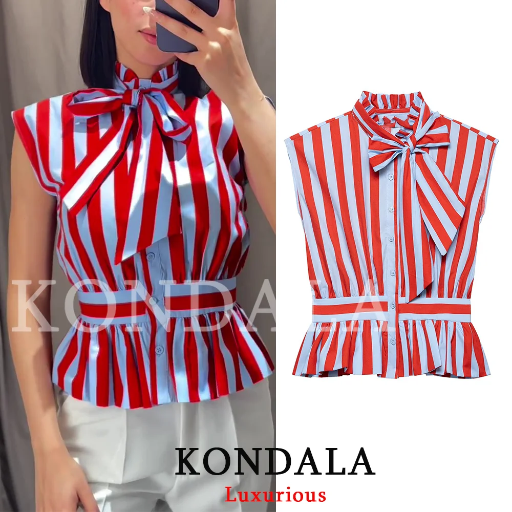 KONDALA Casual Chic Women Blouse Striped Bow Sleeveless Single Breasted Straight Blouse Fashion 2026 SummerSpring Holiday Blouse
KONDALA Casual Chic Women Blouse Striped Bow Sleeveless Single Breasted Straight Blouse Fashion 2026 SummerSpring Holiday Blouse