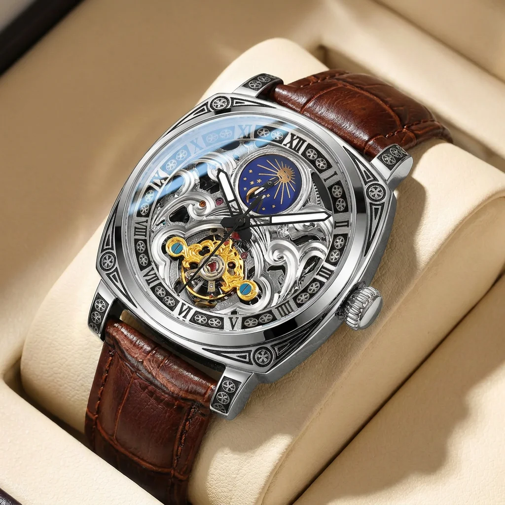 1pcs Men's silver dial leather strap vintage fashion skeleton gear luxury details Mechanical Watch for business party holiday
1pcs Men's silver dial leather strap vintage fashion skeleton gear luxury details Mechanical Watch for business party holiday