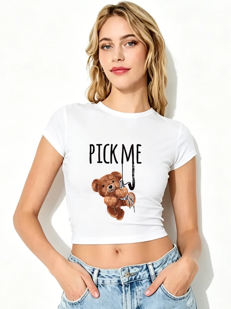 Women's Crew Neck Crop T-Shirt with "Pick Me" Bear Print, Short Sleeve Casual Top, White/Gray/Black
Women's Crew Neck Crop T-Shirt with "Pick Me" Bear Print, Short Sleeve Casual Top, White/Gray/Black