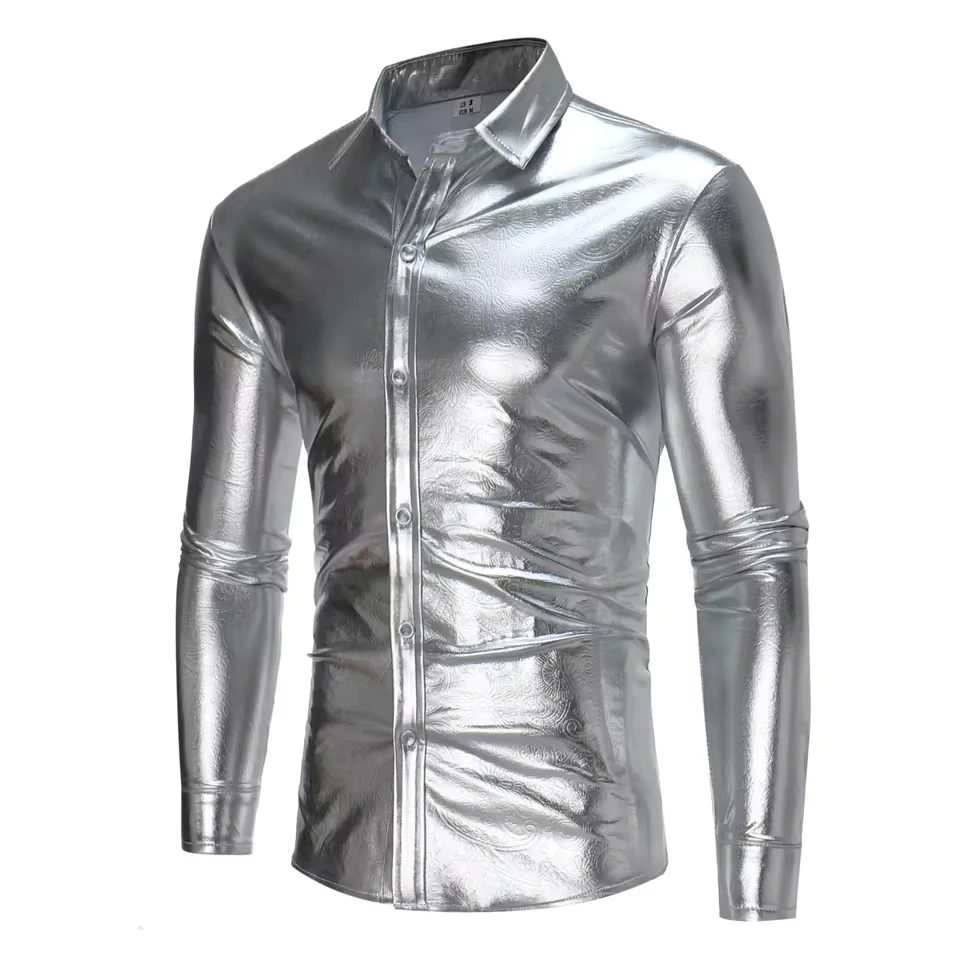 Winter Autumn Men Leather Shirt Nightclub Costume Coated Metallic Silver Gold Black Men Shirt Long Sleeve Button Down Camisa
Winter Autumn Men Leather Shirt Nightclub Costume Coated Metallic Silver Gold Black Men Shirt Long Sleeve Button Down Camisa