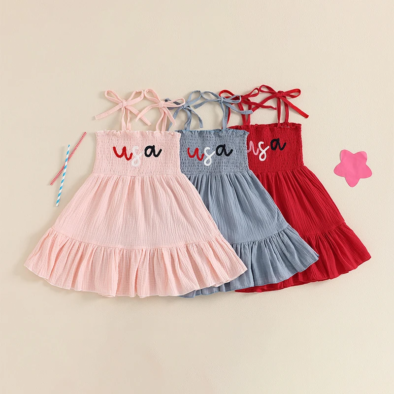 Baby Girls 4th of July Dress Casual Sleeveless Tie Shoulder Letter Embroidery Smocked Dress Toddler Princess A-Line Dress
Baby Girls 4th of July Dress Casual Sleeveless Tie Shoulder Letter Embroidery Smocked Dress Toddler Princess A-Line Dress