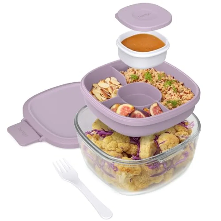 Glass Salad Container - 7.6-Cup Salad Bowl with Airtight Lid, Leak-Proof Sauce Container, 4-Compartment Bento Tray and Reusable
Glass Salad Container - 7.6-Cup Salad Bowl with Airtight Lid, Leak-Proof Sauce Container, 4-Compartment Bento Tray and Reusable