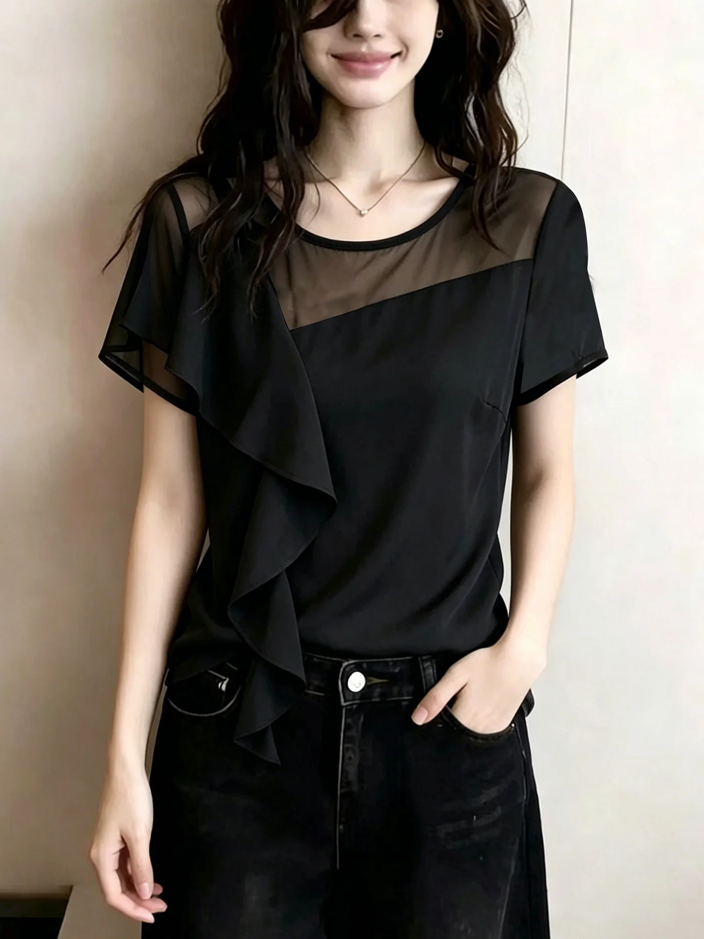 Unique Elegant Flounce Hem Chiffon Top Women's Color Summer Commute Shirt Korean Style Straight Cut Short Sleeve round ...
Unique Elegant Flounce Hem Chiffon Top Women's Color Summer Commute Shirt Korean Style Straight Cut Short Sleeve round ...