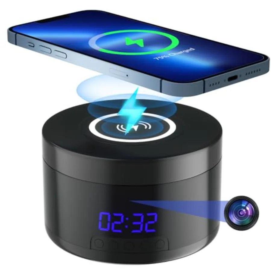 Indoor security camera with clock and wireless charging, 1080P WiFi, motion detection, night vision, local cloud storage, app c
Indoor security camera with clock and wireless charging, 1080P WiFi, motion detection, night vision, local cloud storage, app c