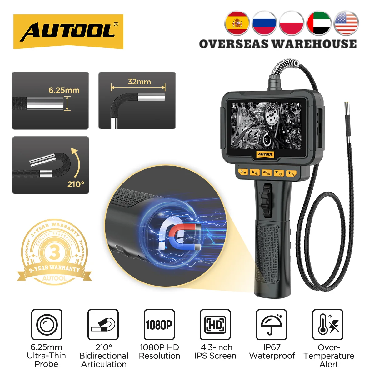 AUTOOL SVB208 Industrial Endoscope Camera 1080P HD Resolution 4.3 Inch IPS Screen IP67 Waterproof with 6.25mm Ultra-Thin Probe
AUTOOL SVB208 Industrial Endoscope Camera 1080P HD Resolution 4.3 Inch IPS Screen IP67 Waterproof with 6.25mm Ultra-Thin Probe