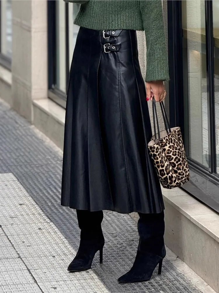 Women's Fashion A-Line Pleated PU Leather Skirt Large Hem Waist Leather Skirt New Style Autumn Elegant Holiday Black Skirts
Women's Fashion A-Line Pleated PU Leather Skirt Large Hem Waist Leather Skirt New Style Autumn Elegant Holiday Black Skirts