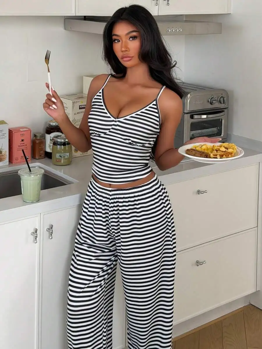 Womens Striped V-Neck Camisole And Pants Pajama Set Casual Lounge Wear Two Piece Set
Womens Striped V-Neck Camisole And Pants Pajama Set Casual Lounge Wear Two Piece Set