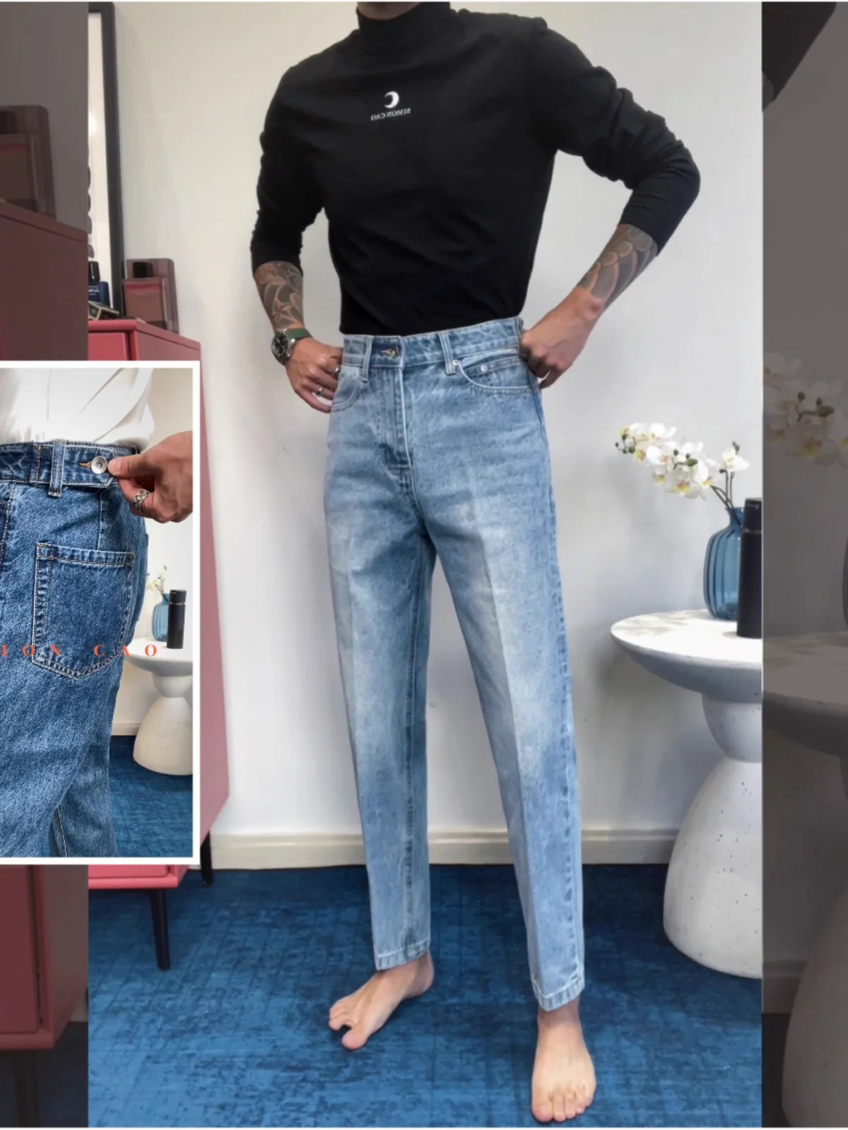 Men's Fashion Casual High Waist Slim Straight Jeans Adjustable Waist Lengthening Leg Effect Washed Denim Youth Popular Style
Men's Fashion Casual High Waist Slim Straight Jeans Adjustable Waist Lengthening Leg Effect Washed Denim Youth Popular Style