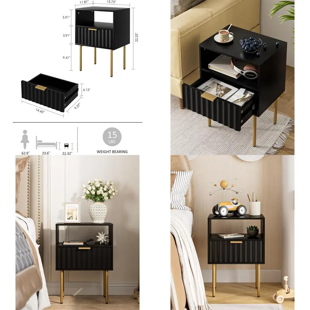 Elegant Black Drawer and Shelf Nightstand with Gold Accents for Bedrooms and Living Spaces
Elegant Black Drawer and Shelf Nightstand with Gold Accents for Bedrooms and Living Spaces