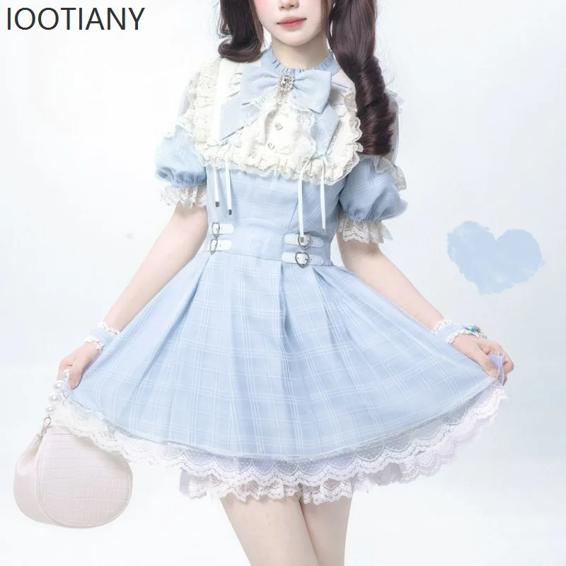 Japanese Sweet Lolita Bow Dress And Shorts Set For Women Kawaii Lace Ruffled Off-the-shoulder Checkered Shirt Gothic Y2k Dress 
Japanese Sweet Lolita Bow Dress And Shorts Set For Women Kawaii Lace Ruffled Off-the-shoulder Checkered Shirt Gothic Y2k Dress