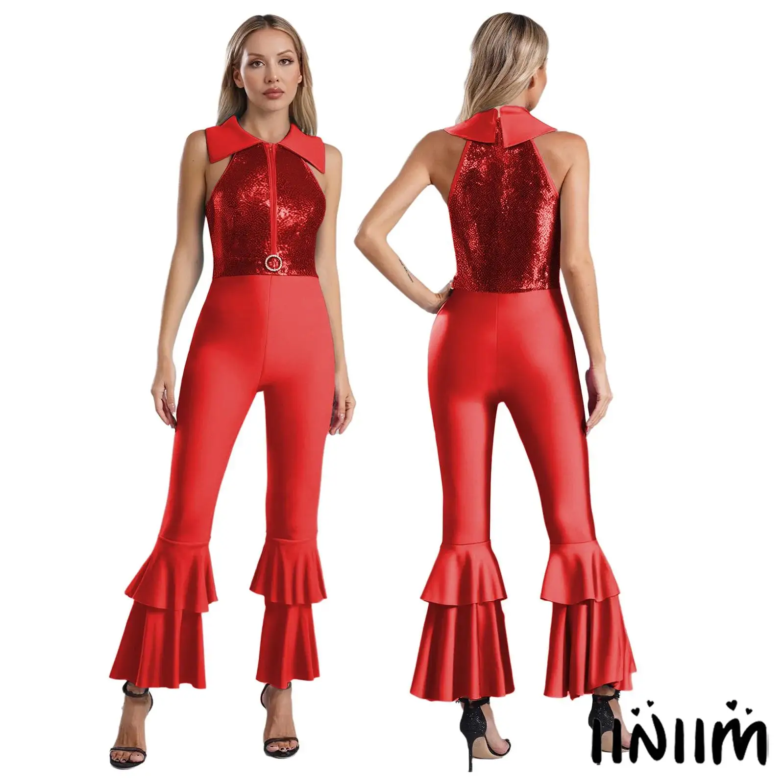Womens Halloween Cosplay Sequins Jumpsuit Rhinestone O-Ring Sleeveless Turn-Down Collar Bell-Bottom Zipper Performance Wear
Womens Halloween Cosplay Sequins Jumpsuit Rhinestone O-Ring Sleeveless Turn-Down Collar Bell-Bottom Zipper Performance Wear