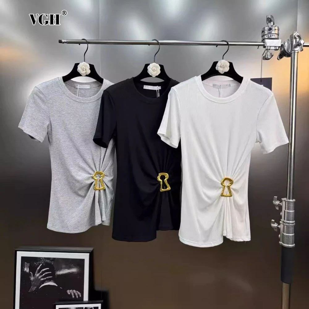VGH Solid Casual Patchwork Folds Slimming Tees for Women O Neck Short Sleeve Spliced Metal Buckle T Shirts Female Summer Style
VGH Solid Casual Patchwork Folds Slimming Tees for Women O Neck Short Sleeve Spliced Metal Buckle T Shirts Female Summer Style
