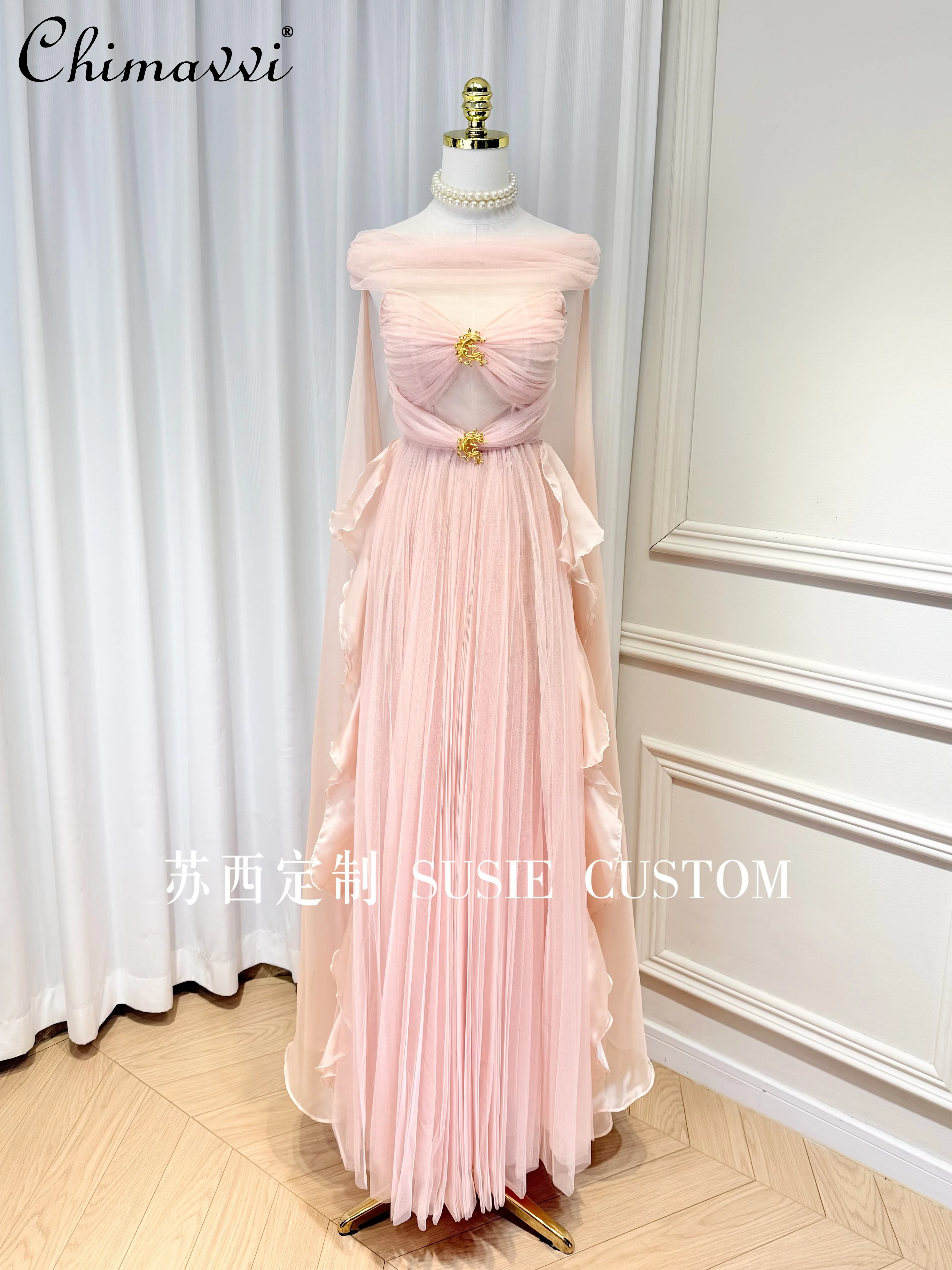 French Elegant High-End Pink Fairy Long Dress Pleated Bow Strapless Big Shawl High Waist A-line Mesh Party Dresses for Women
French Elegant High-End Pink Fairy Long Dress Pleated Bow Strapless Big Shawl High Waist A-line Mesh Party Dresses for Women