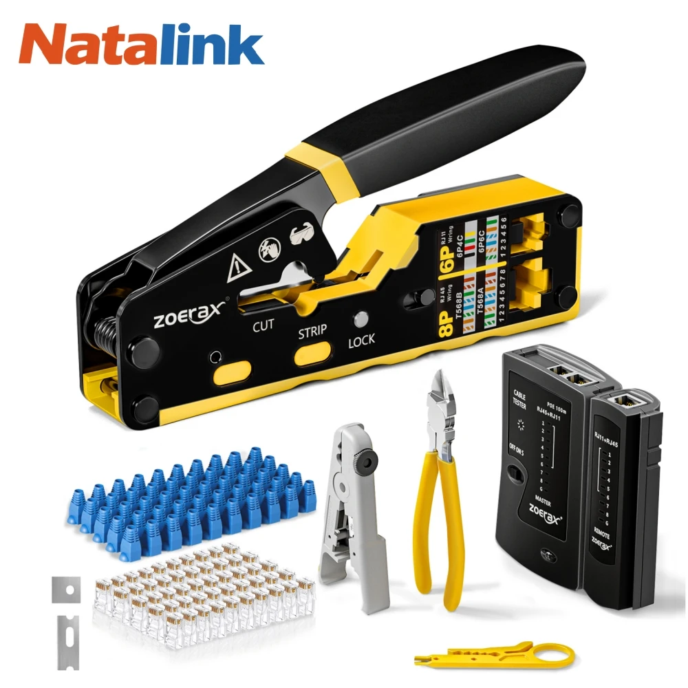Natalink 8-in-1 RJ45 Crimp Tool Kit with Pass Through Crimper/Cable Tester/Stripper 50PCS Cat6 Connectors Boot for Network Cable
Natalink 8-in-1 RJ45 Crimp Tool Kit with Pass Through Crimper/Cable Tester/Stripper 50PCS Cat6 Connectors Boot for Network Cable