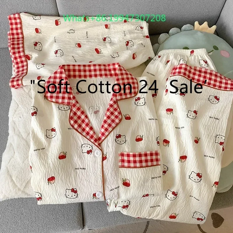 Summer new white red grid cartoon Hello Kitty pajamas women's short-sleeved trousers three-piece set sweet and cute loungewear
Summer new white red grid cartoon Hello Kitty pajamas women's short-sleeved trousers three-piece set sweet and cute loungewear